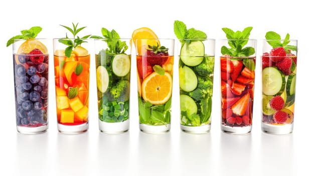 Colorful cocktails filled with a variety of fresh fruits and vegetables stand on a white surface, perfect for a summertime celebration or gathering with friends.