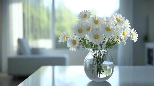 A clear vase full of bright white daisies sits on a sleek table in a high-tech living space. Sunlight filters through large windows, creating a serene atmosphere.