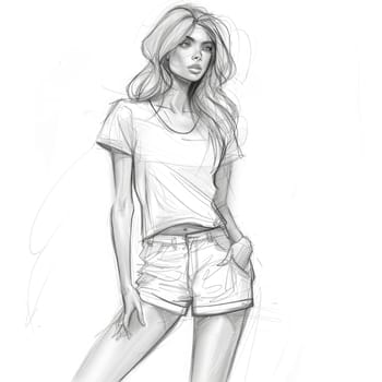 A young woman is showcasing a trendy summer outfit made of a simple t-shirt and denim shorts. Her casual attire reflects comfort and style, perfect for warm days.