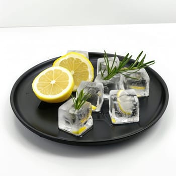 Fresh lemon slices are placed alongside ice cubes infused with lemon and garnished with sprigs of rosemary on a black plate against a bright white background.