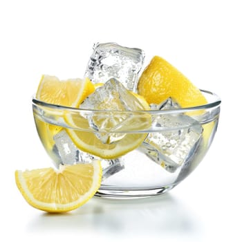 Ice cubes surround bright lemon slices in a clear glass bowl that sits on a white background. This setup highlights the freshness and zest of the lemons, ideal for a refreshing drink.