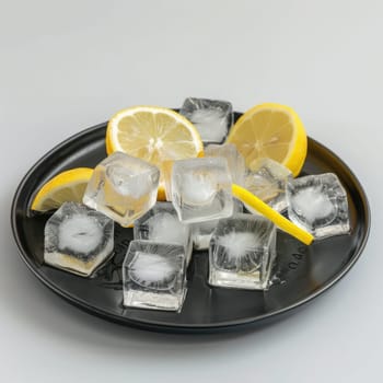 Slices of fresh lemon are arranged on a black plate with ice cubes, creating a refreshing and vibrant contrast against a bright white background, ideal for summer beverages.