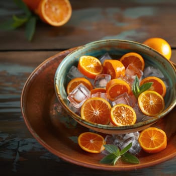 Fresh orange slices are artistically arranged in a decorative bowl filled with ice cubes, creating a vibrant display. The rustic wooden table enhances the inviting setup.
