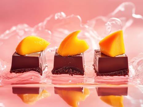 Three exquisite chocolate squares are elegantly arranged, each adorned with a slice of juicy mango, against a bubbling backdrop that enhances their visual appeal.