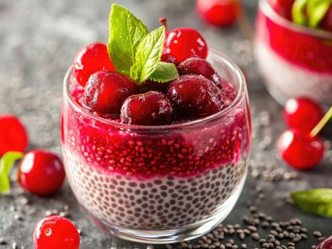 Chia seeds form a creamy base layered with vibrant cherry compote, topped with whole cherries and mint leaves. This refreshing dessert is served in a clear glass bowl, showcasing its colorful layers.