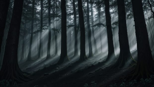 magical spooky dark forest scene featuring tall trees, a serene stream, and glowing orbs evoking mystique and tranquility, perfect for fantasy or nature themed projects. good for content creation background