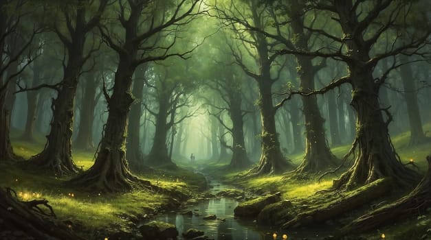 magical spooky dark forest scene featuring tall trees, a serene stream, and glowing orbs evoking mystique and tranquility, perfect for fantasy or nature themed projects. good for content creation background