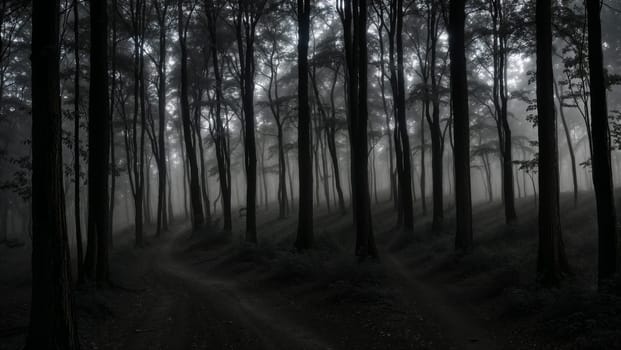 magical spooky dark forest scene featuring tall trees, a serene stream, and glowing orbs evoking mystique and tranquility, perfect for fantasy or nature themed projects. good for content creation background
