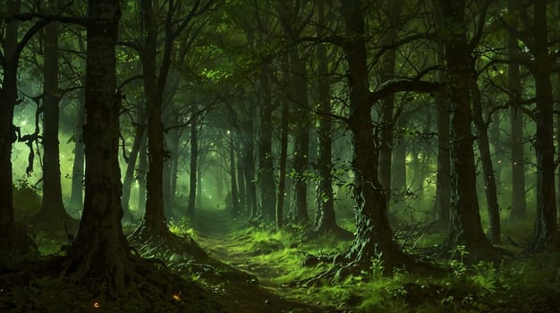 magical spooky dark forest scene featuring tall trees, a serene stream, and glowing orbs evoking mystique and tranquility, perfect for fantasy or nature themed projects. good for content creation background