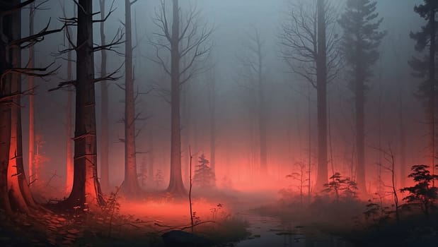 magical spooky dark forest scene featuring tall trees, a serene stream, and glowing orbs evoking mystique and tranquility, perfect for fantasy or nature themed projects. good for content creation background