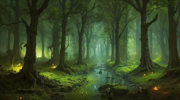 magical spooky dark forest scene featuring tall trees, a serene stream, and glowing orbs evoking mystique and tranquility, perfect for fantasy or nature themed projects. good for content creation background