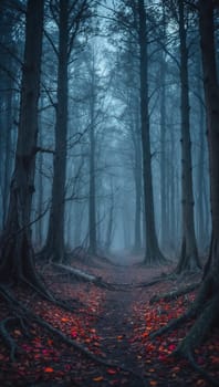 magical spooky dark forest scene featuring tall trees, a serene stream, and glowing orbs evoking mystique and tranquility, perfect for fantasy or nature themed projects. good for content creation background