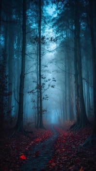 magical spooky dark forest scene featuring tall trees, a serene stream, and glowing orbs evoking mystique and tranquility, perfect for fantasy or nature themed projects. good for content creation background