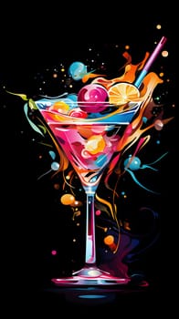 A beautifully crafted cocktail sits in a tall glass filled with vibrant fruits, surrounded by an abstract splash of colors against a dark backdrop. Generative AI.