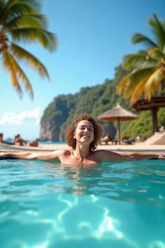 A person enjoys the tranquility of a pool, smiling as they soak in the sun and admire the beautiful ocean view and tropical landscape. Generative AI.