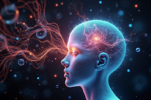 A side profile of a futuristic head showcases neural connections and energy. Colorful lights illustrate the complexity of consciousness and thought processing - AGI illustration - Generative AI.