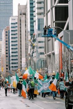Celebrating Irish culture with flags and festivities in an urban setting