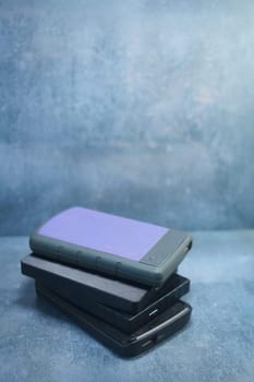 Stacked external hard drive on a table ,