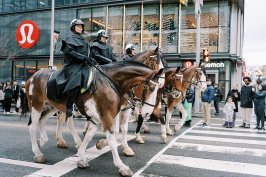 Police on horseback skillfully navigate city streets during a large event