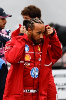 MELBOURNE, AUSTRALIA - MARCH 16: Lewis Hamilton of Great Britain and Scuderia Ferrari during the driver's parade at the 2025 Australian Grand Prix at Albert Park in Melbourne, Australia