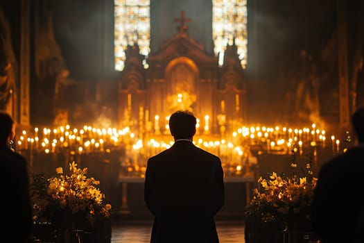 Silhouette of a man standing in a church in front of an altar with many lit candles.