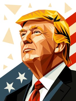 This artwork features a vector representation of Donald Trump, showcasing bold colors and geometric shapes. The background includes elements of the American flag, enhancing the patriotic theme.