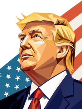 This artwork depicts Donald Trump in a vibrant vector art style, featuring a striking pose with an American flag backdrop. The colors amplify the patriotic essence of the piece.