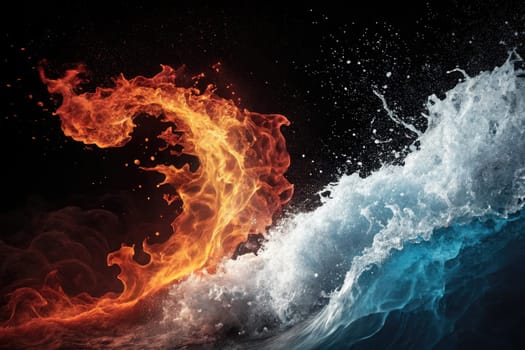 A vibrant representation of fire and water intertwining, showcasing the intense colors and textures of flames and ocean waves colliding. The visual highlights the beauty of natures elements.