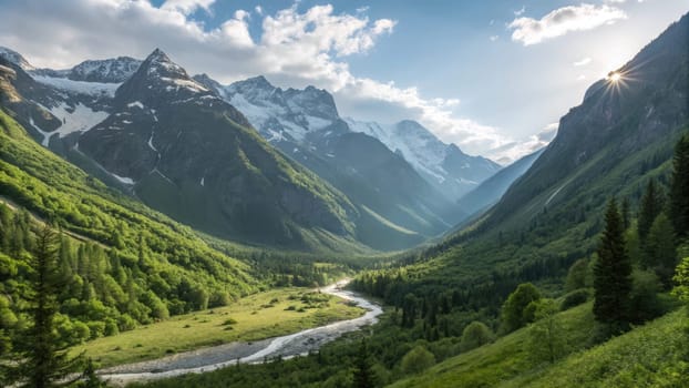 Lush greenery fills a vast valley surrounded by towering mountains, with a river meandering through. The sun shines brightly, illuminating the landscape in the afternoon.