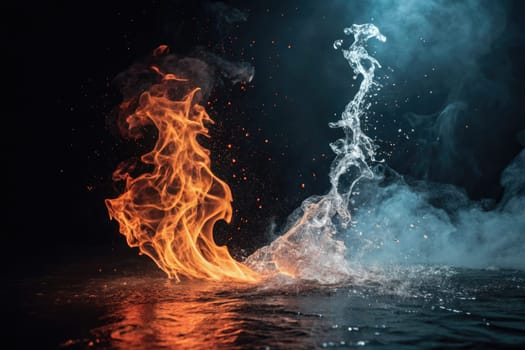 Flames rise vigorously on one side, while water swirls fluidly on the other, creating a striking contrast in a dimly lit space filled with smoke and aura.