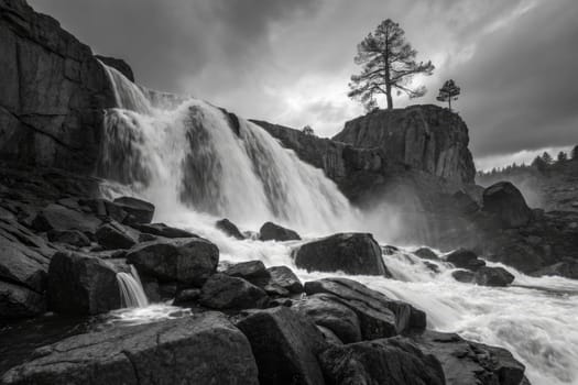 Water rushes down a rocky cliff, creating mist and splashes at the base. A solitary tree stands atop the rocks, silhouetted against the dramatic sky at twilight.