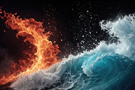 A striking display of fire and water colliding, with vibrant flames on one side and crashing ocean waves on the other. The contrast highlights the forces of nature in a dramatic way.