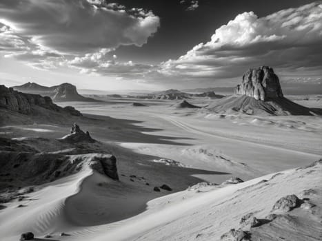 Expansive desert terrain showcasing undulating sand dunes and rugged rock formations under a dramatic sky. Shadows create a play of light across the sprawling landscape during the late afternoon.