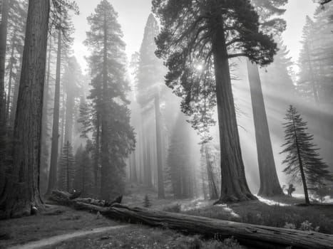 Rays of sunlight illuminate a misty forest filled with towering trees. A fallen log rests on the forest floor, creating a serene atmosphere during dawn hours.
