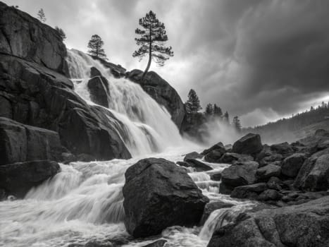 Roaring waters tumble down rugged cliffs surrounded by natural boulders and a solitary tree. Dark clouds loom overhead, adding drama to this tranquil wilderness scene.