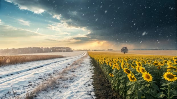 A unique landscape showcases the transition from winter to summer, with snow on one side and vibrant sunflowers on the other, illustrating the beauty of seasonal change at dusk.
