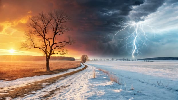 A striking landscape illustrates the contrast between summer and winter seasons.