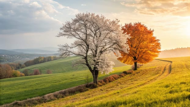 A stunning display of seasonal change shows a white blossoming tree beside a vibrant orange tree in a grassy field during golden hour. Soft sunlight illuminates the landscape.