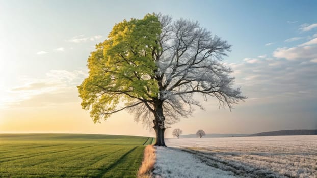 Half of the tree is vibrant green and full of leaves, representing spring, while the other half is bare and frosted, symbolizing winter.