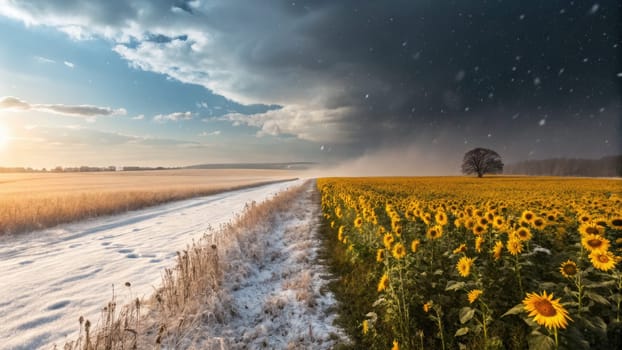 Sunflowers bloom vibrantly in the foreground while a snowy field lies beside them. Dark clouds loom overhead, creating a stark contrast between warmth and cold.