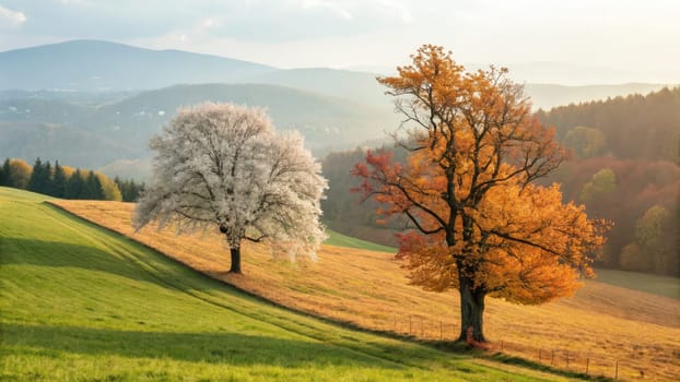 Two distinct trees stand in a rolling countryside, one with white blossoms and the other sporting vibrant orange leaves. This stunning contrast highlights the beauty of seasonal changes.