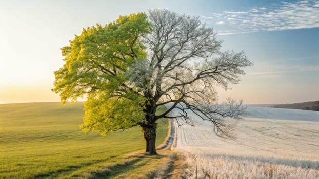A solitary tree stands at the border of a vibrant green field and a frosty white field. One side shows bright spring leaves while the other side remains bare from winters chill.