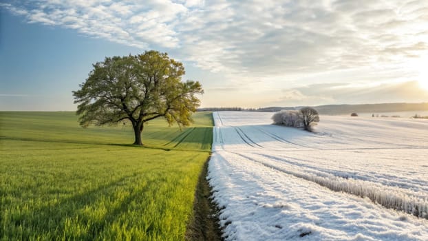 A stunning view captures winters end and springs arrival, featuring a lush green field beside snowy terrain, framed by trees under a clear sky.