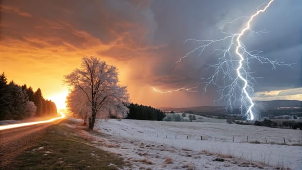 A dramatic winter landscape showcases a vivid sunset on one side, while the other captures a fierce lightning strike during a storm. Frost-covered trees contrast with the warm hues of dusk.