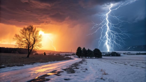 A breathtaking rural view captures a thunderstorm clashing with a setting sun, creating vibrant colors and lightning over fields. The winding road leads through contrasting weather conditions.