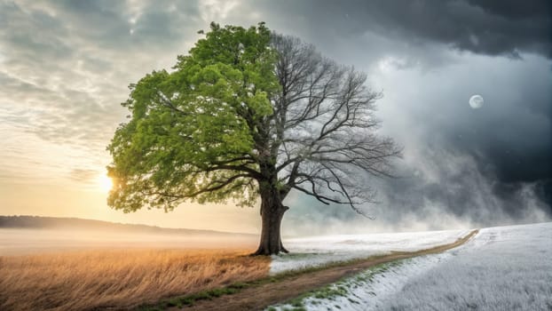 A single tree stands at the center, showcasing vibrant green leaves on one side and bare branches on the other, illustrating the stark contrast between summer and winter.
