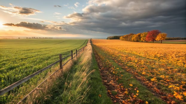 A stunning rural landscape showcases the transition from summer to autumn. Lush green fields give way to vibrant orange and yellow leaves under a dramatic sky at sunset.