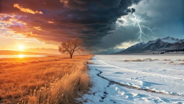 This captivating landscape showcases the shift from a sunny autumn day to a stormy winter evening. A single tree stands against the horizon, dividing golden fields and icy terrain.