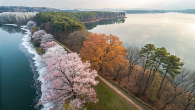 Colorful cherry blossoms bloom alongside a tranquil lake reflecting natures beauty. Autumn trees stand out in bright orange, creating a striking contrast among the soft pastel colors.