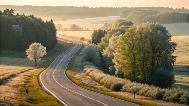 A winding road cuts through vibrant green fields and trees during early morning. Soft light enhances the tranquil atmosphere, showcasing the peaceful landscape and fresh nature.